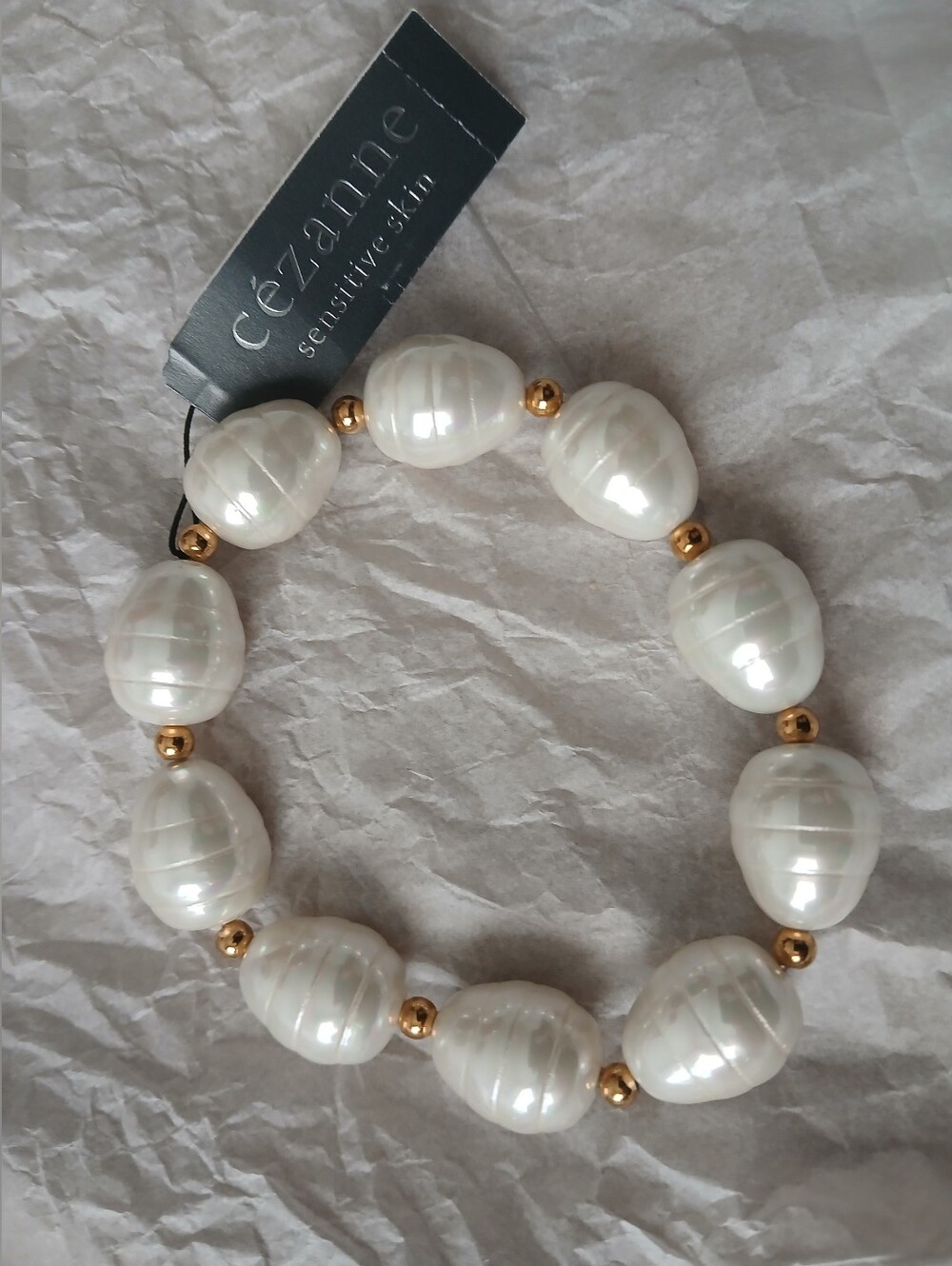 Cezanne Sensitive Skin Cream Pearl-Style Bead Stretch Bracelet with Gold Accents